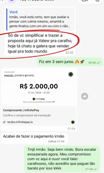 Conversa de WhatsApp com cliente aprovando proposta e comprovante de pagamento de R$ 2.000,00